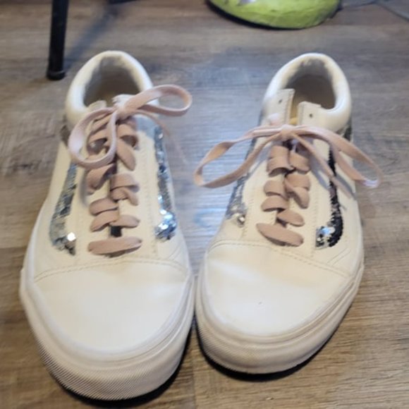 VANS - OLD SKOOL - SHINY SILVER SEQUINS - White and Pink - Womens 8.5 - Picture 2 of 2